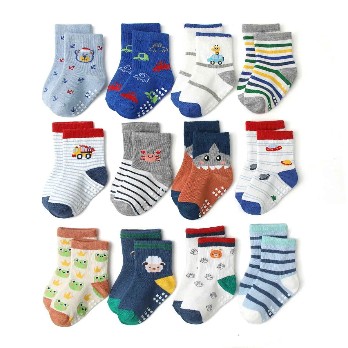 12 Pairs/lot Baby Kids Anti-slip Socks Cartoon Dinosaur Toy Cars Floor Socks Soft Cotton Girls Boys Trampoline Socks for 1-7Year 1