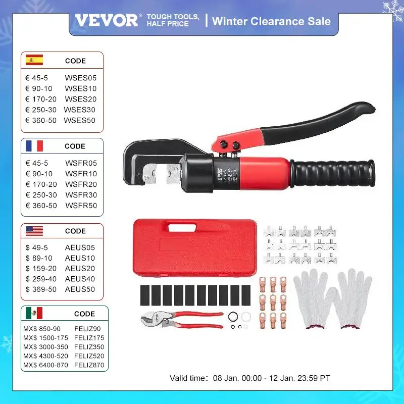 

VEVOR AWG12-2/0 Crimping Tool Copper And Aluminum Terminal Battery Lug Hydraulic Crimper,with a Cutting Pliers, Gloves