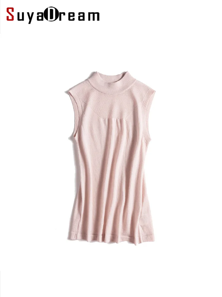 

SuyaDream Women 100%Wool Vests, Mock Neck, Machine Washable Pullovers 2023 Fall Winter, Sleeveless Sweaters, Pink, Black