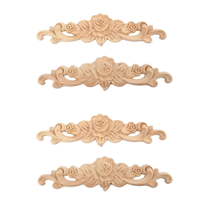 

4Pcs 20X5cm Wood Carved Long Onlay Applique Unpainted Rose Flower Door Home Decor European Style