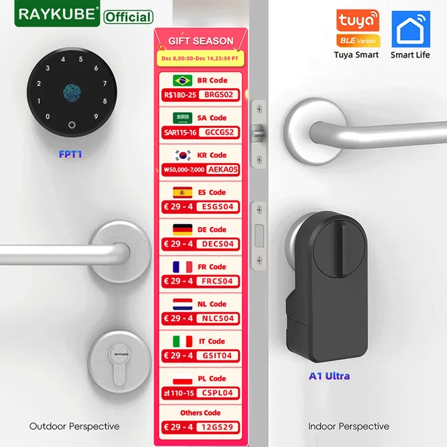 RAYKUBE A1 Ultra Tuya BLE Intelligent Electronic Door Lock with Wireless Fingerprint Keypad Lock FPT1 Punch-free installation