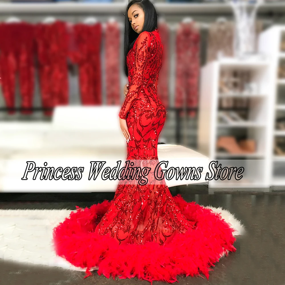 mermaid prom dresses Vintage Red Prom Dresses For Woman Long Sleeves African Pageant Evening Gown Scoop Neck With Feather Custom Mermaid Party 2022 ball gown prom dresses