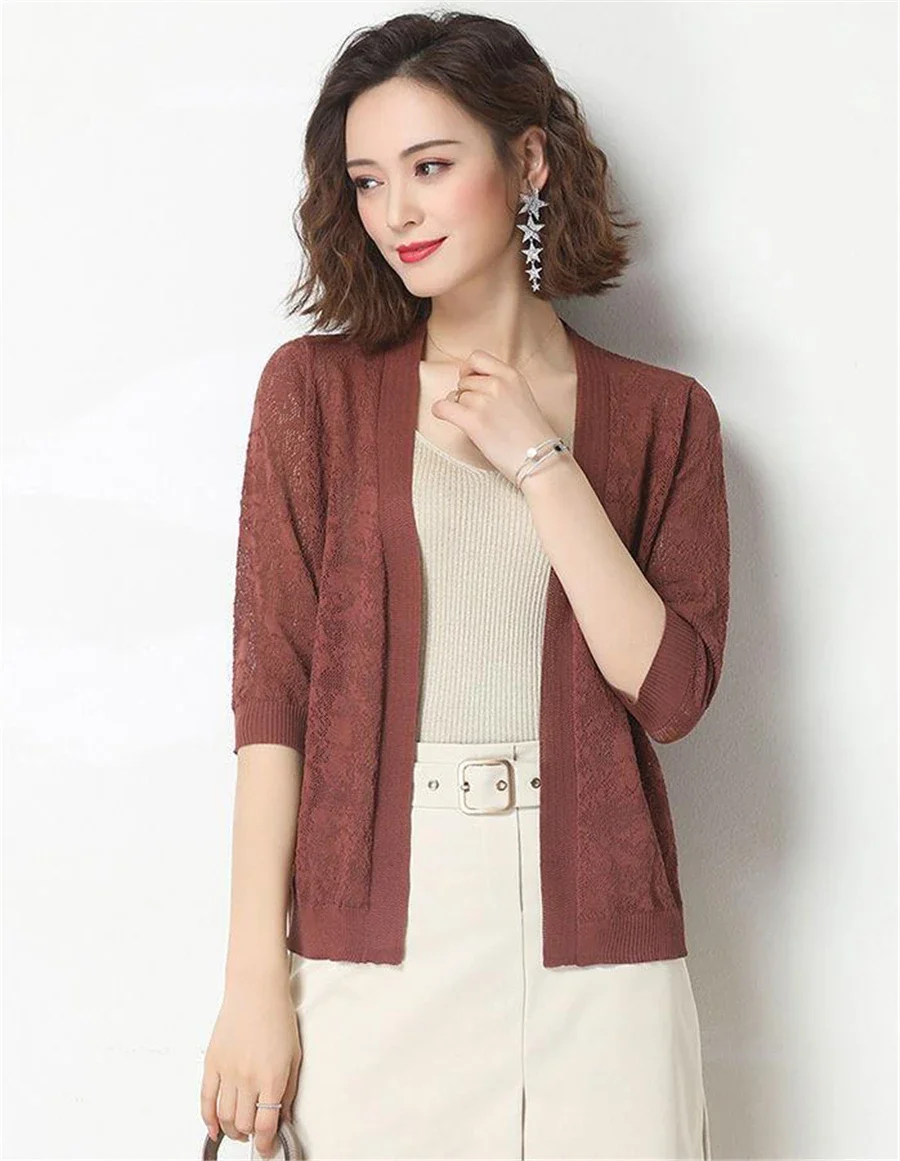 Summer Oversized Knit Cardigan Jackets Half Sleeve Lace Knitwears Coats Korean Elegant Trendy Hollow Out Sunscreen Tops