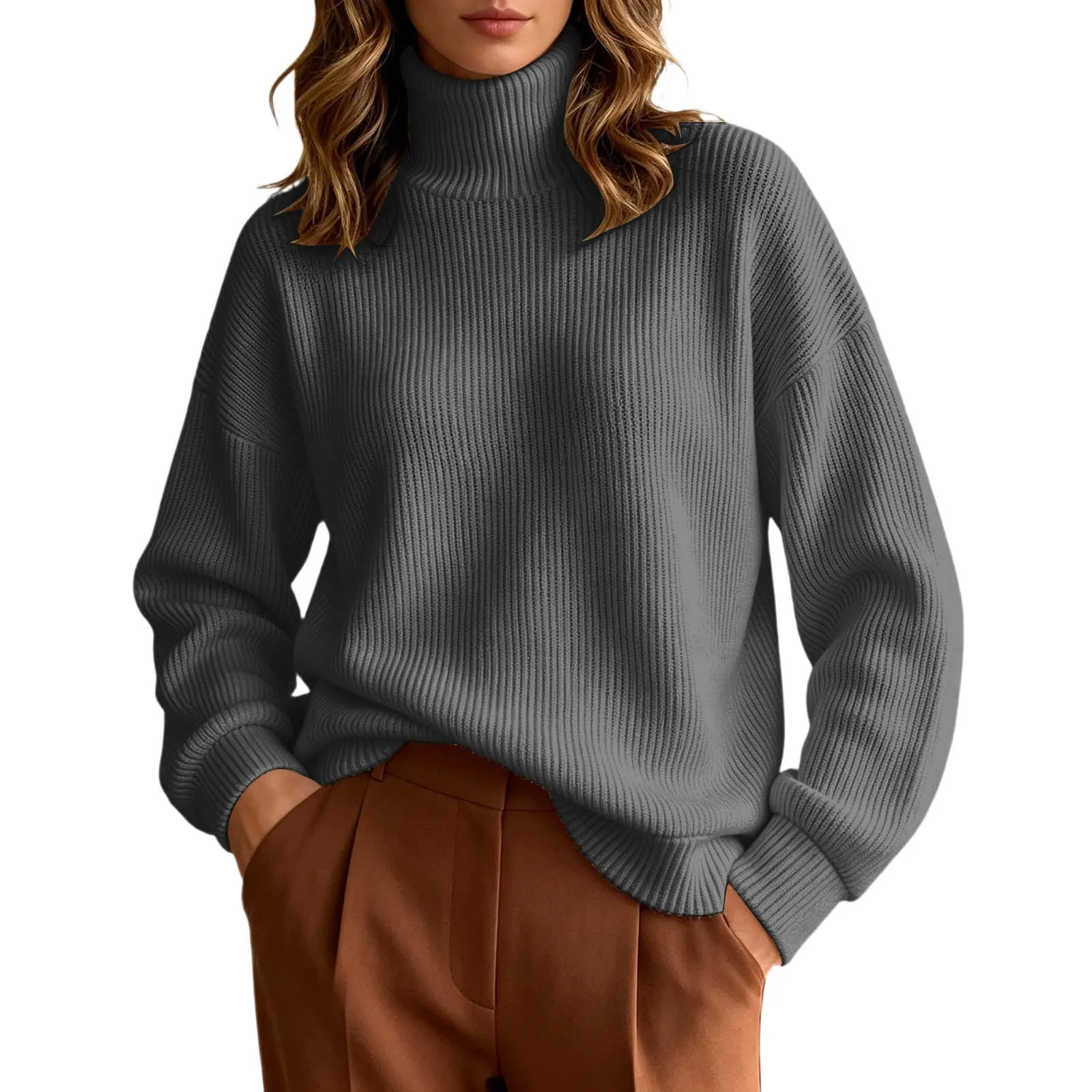 Women Fall Winter Pure Color Long Sleeved High Neck Round Neck Knitted Pullover Sweater Light Sweat Shirts Women