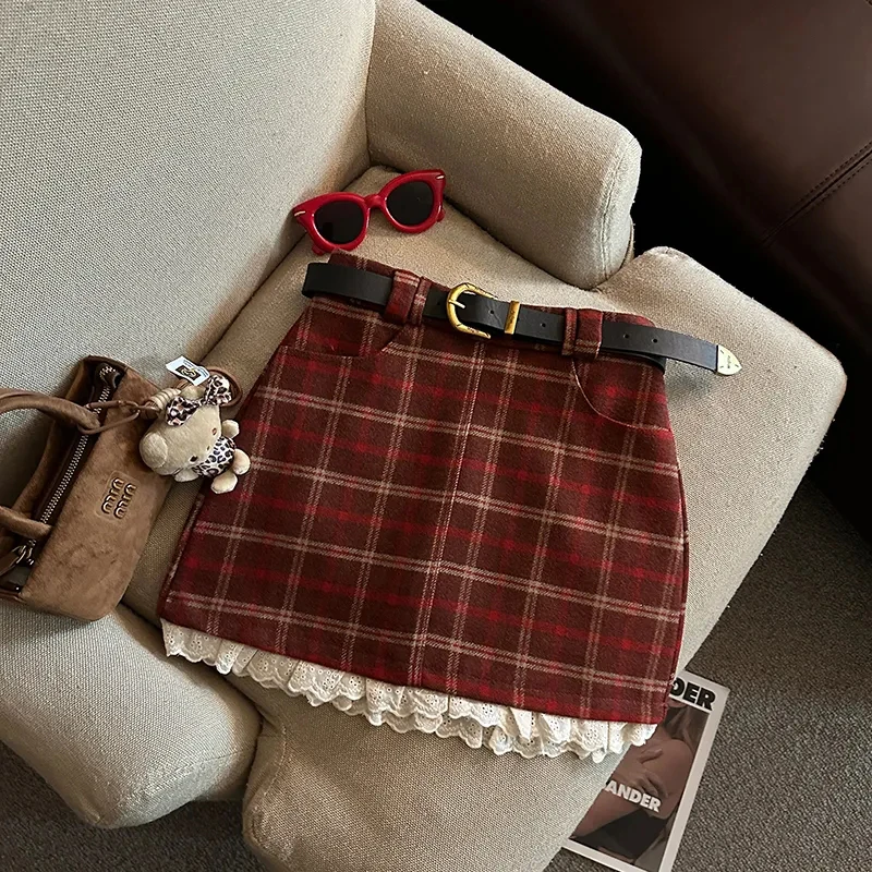 Lace Patchwork Plaid Mini Skirts Women Fall Winter High Waist No Belt Faux Wool Skirts Y2K Fashion Preppy All Match A Line Skirt