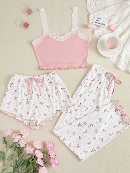 Three Piece Pajamas Set for Women Casual Sleepwear Heart-Shaped Printed Vest Shorts and Pants Paired with Ribbed Fabric
