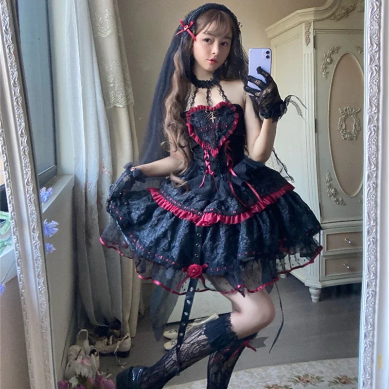 

Dark Gothic Lolita Style Dresses Victorian Women Lace Halter Neck Bandage Corset Jsk Dress Japanese Fashion Holiday Party Dress