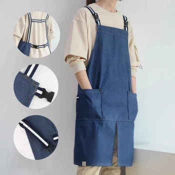 주머니로 조절 가능한 데님 앞치마, 방수 민소매 앞치마, 바리스타 주방 요리 앞치마