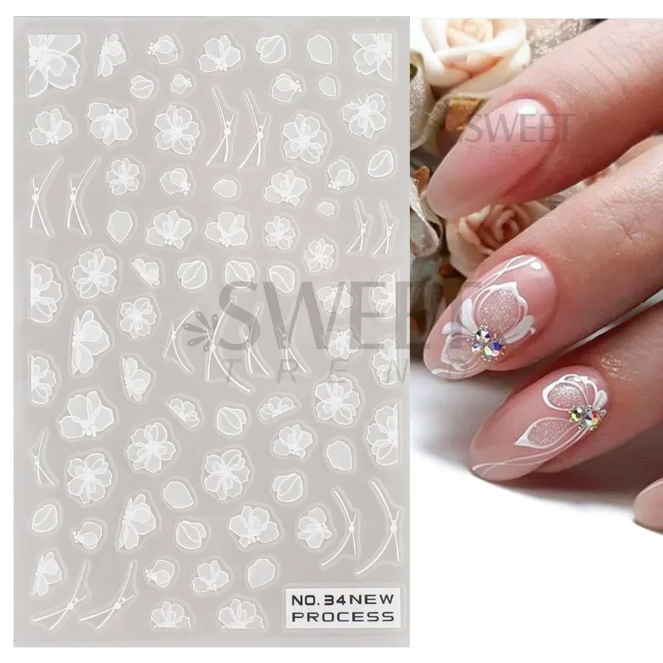 White Lace Flower Nail Art Sticker Acrylic Floral Charm Adhesive Sliders Elegant Wedding Bride Simple Line Design Manicure Decal