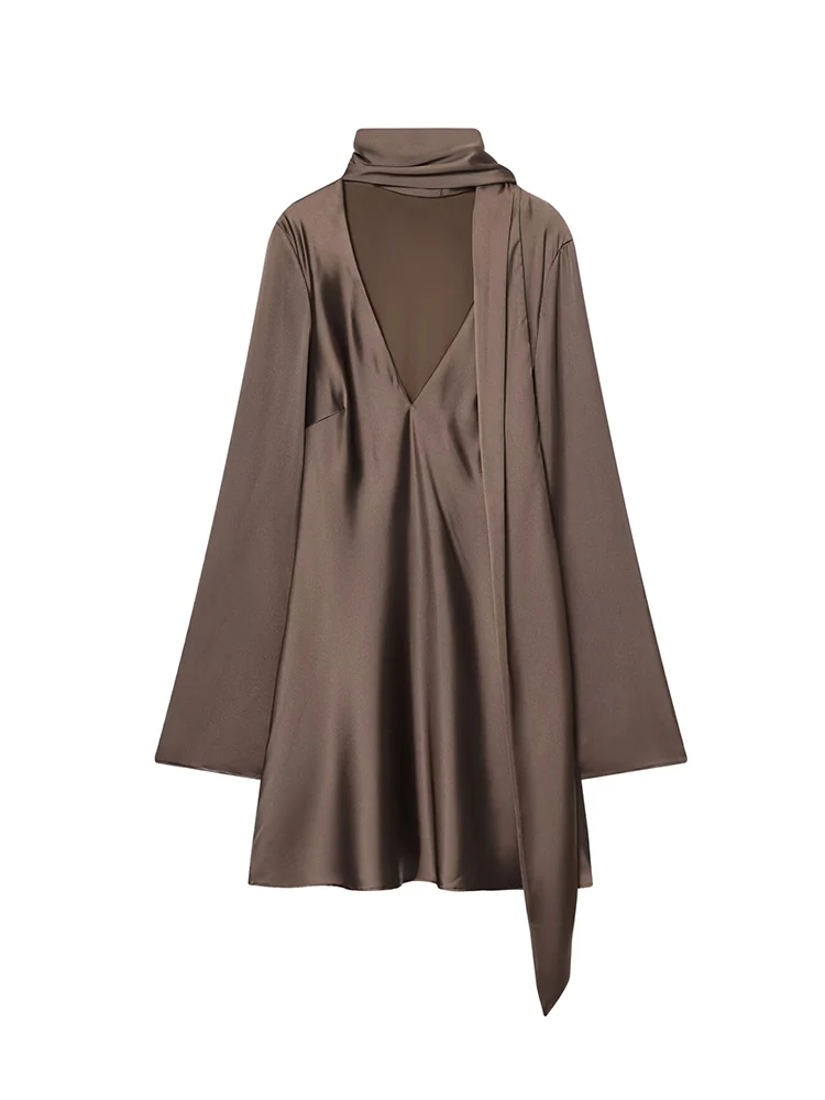 2026 Spring Women's New Flare Sleeve Short Dresses Sexy Elegant Scarf Neck Solid Color Fashion Style V-neck Trend Mini Dress