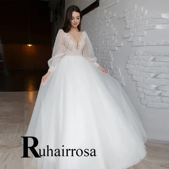 Ruhair Bohemain Abito da sposa per la sposa Scollo a V Appliques Backless Perline Maniche a sbuffo Tulle Vestido De Novia Personalizzato