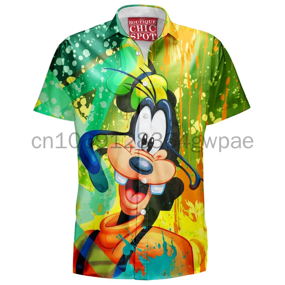 

Гавайская рубашка Disney Goofy, мужская женская рубашка с коротким рукавом и пуговицами, рубашка с лацканами и граффити Диснея, Повседневная пляжная рубашка в стиле ретро