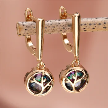 Cute Small Rainbow Round- Zircon Stone Life Tree Hoop Earrings For Women Charm Female Gold Color Wedding Jewelry Gift