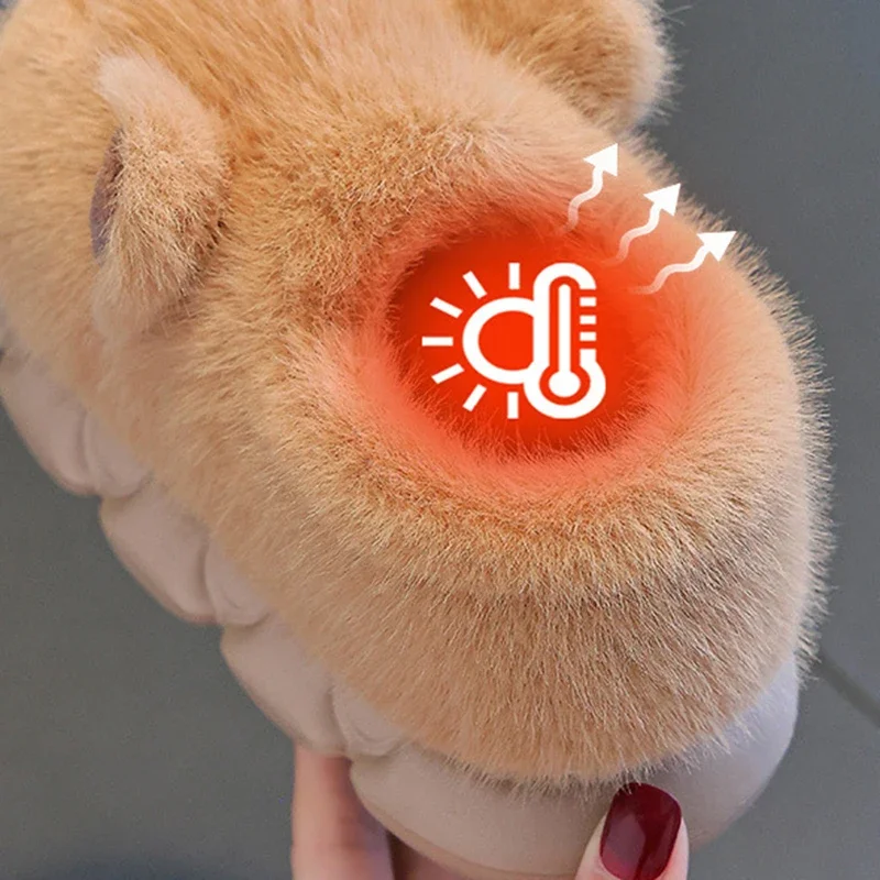 Capybara Winter Cotton Slippers Women New Fluffy Furry Cartoon House Slippers Woman Non Slip Soft Sole Plush Slides Size 32-45