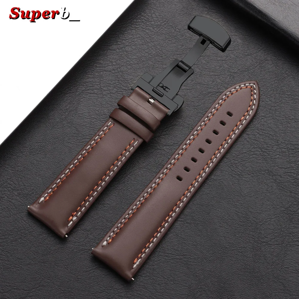 Premium Genuine Calfskin Leather Watch Strap with Butterfly Buckle and Dual Stitching
