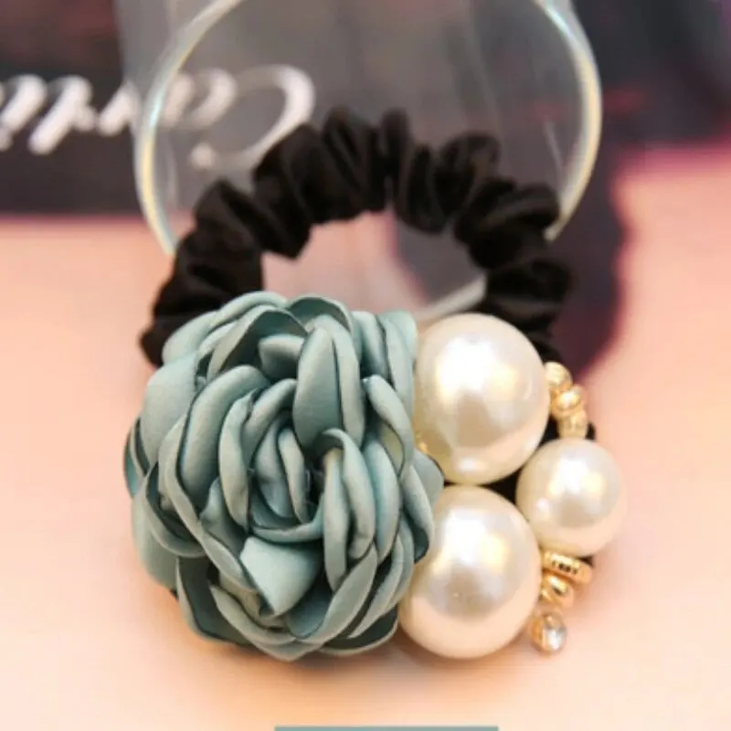 Elegant Pearl Rose Flower Camellia Hair Scrunchie Accessory