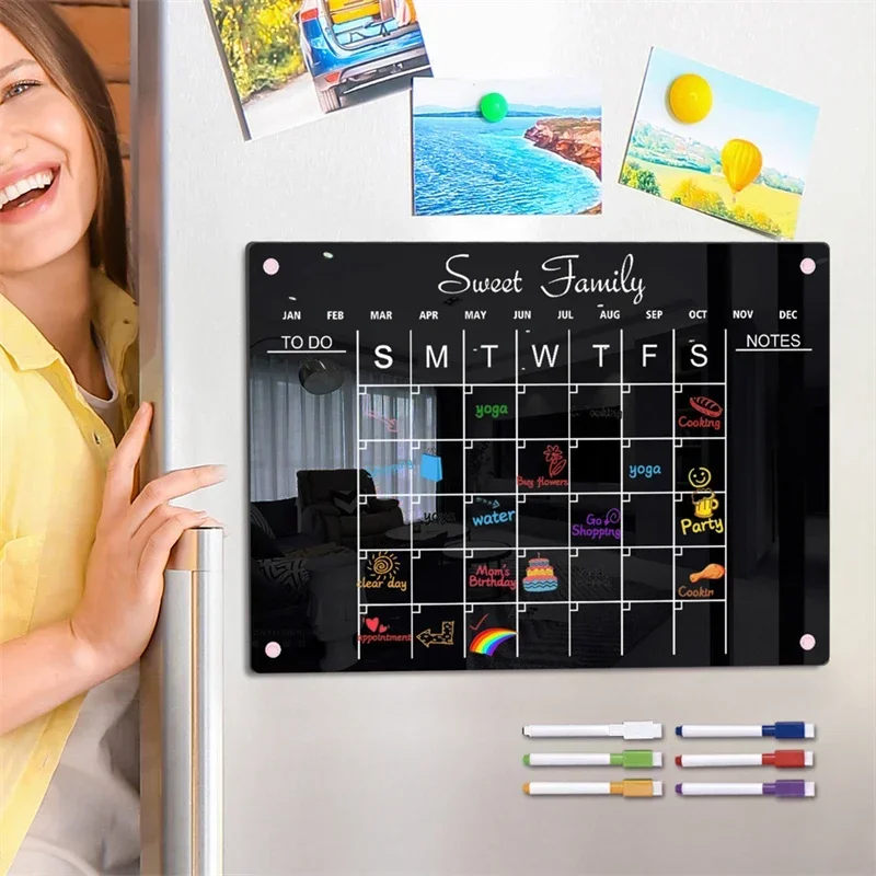 Magnetic Acrylic Monthly and Weekly Calendar for Fridge Black Dry Erase  Acrylic Refrigerator Calendar Planning Board Includes 6 Colorful Markers  for