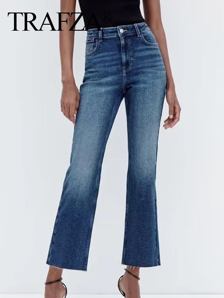 

TRAFZA Women New Fashion High Street Casual Slim Elegant Long Pant Woman High Waist Blue Button Pocket Zipper Decorate Jean