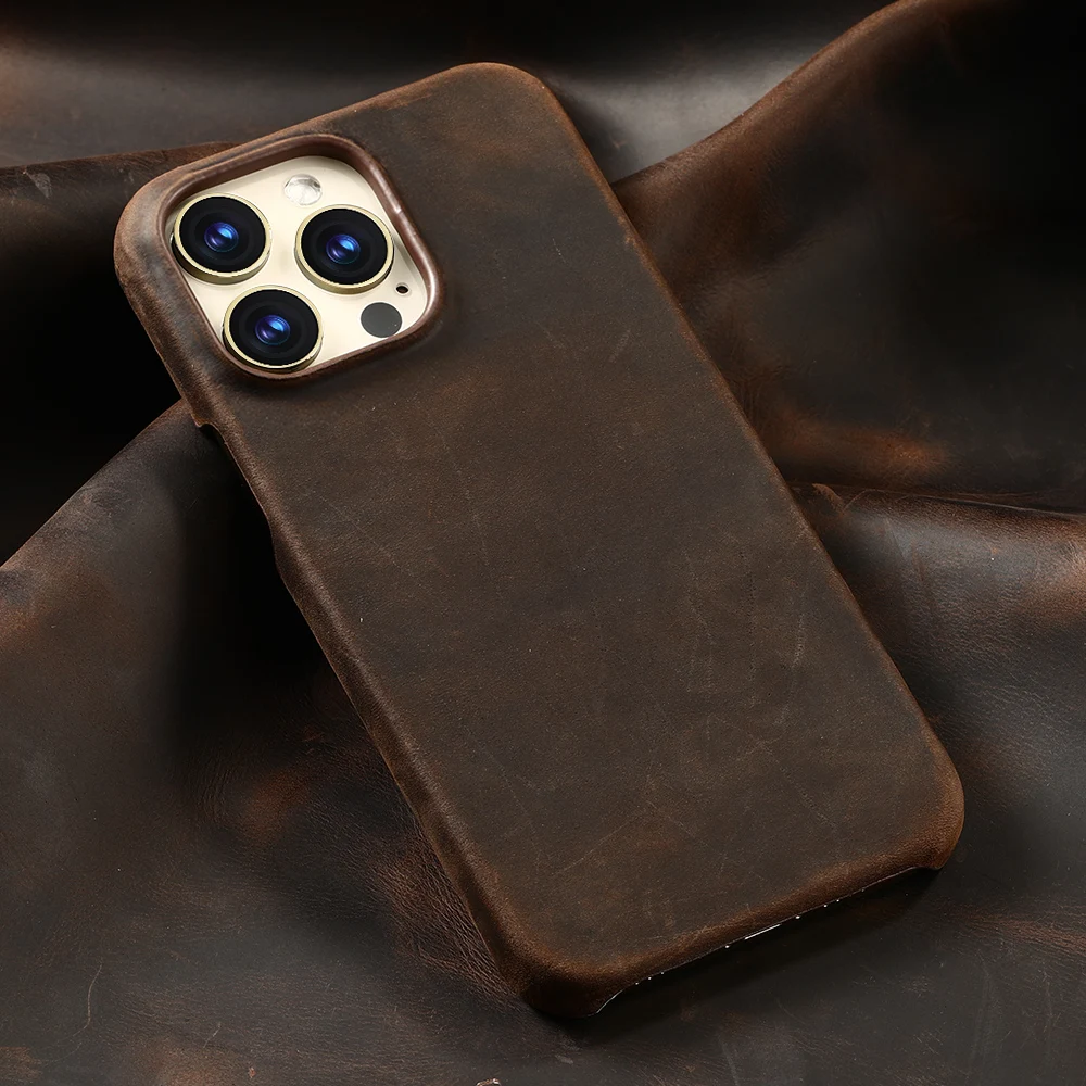 Retro Luxury Full Grain Cowhide Leather MagSafe Case - Genuine Oiled Pull-Up Leather Magnetic Cover