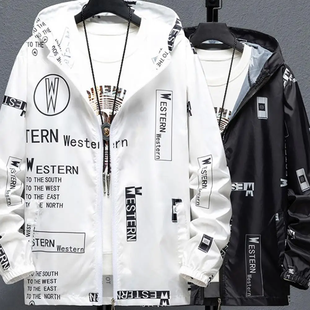 Sun Protection Coat Men's Sun Protection Hooded Jacket with Quick Drying Technology Zipper Placket Letter Print Long for Fishing