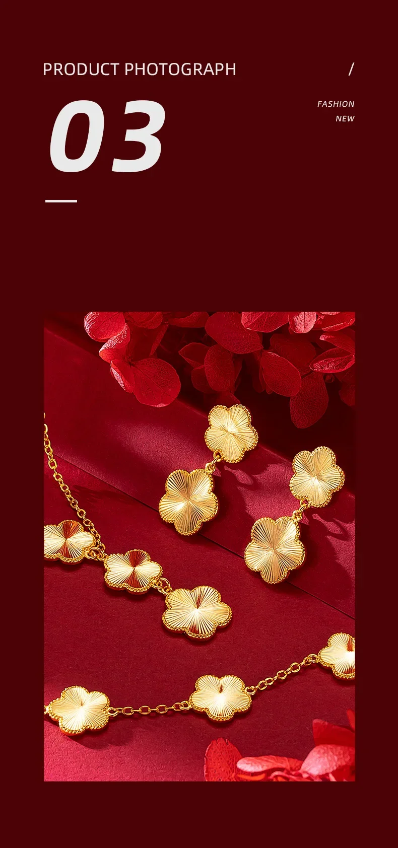 Secdf2f47a7774e98ba2ae03f04a62f052 Women 24K Real Gold Light Luxury Super Flash Plum Blossom Set Fashionable Female Plum Blossom Bracelet Necklace Earring Set Mallzona