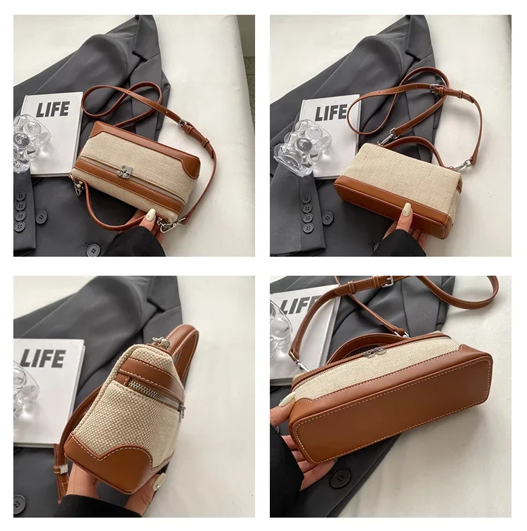 retro canvas handbag for women,women’s summer crossbody bag,contrast color casual handbag,small square canvas shoulder bag,casual women’s sling bag,retro fashion canvas purse,lightweight canvas handbag