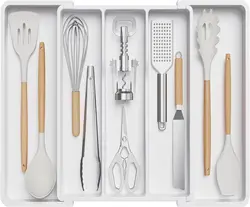 Expandable Kitchen Silverware and Utensil Drawer Organizer Tray (White No tableware)
