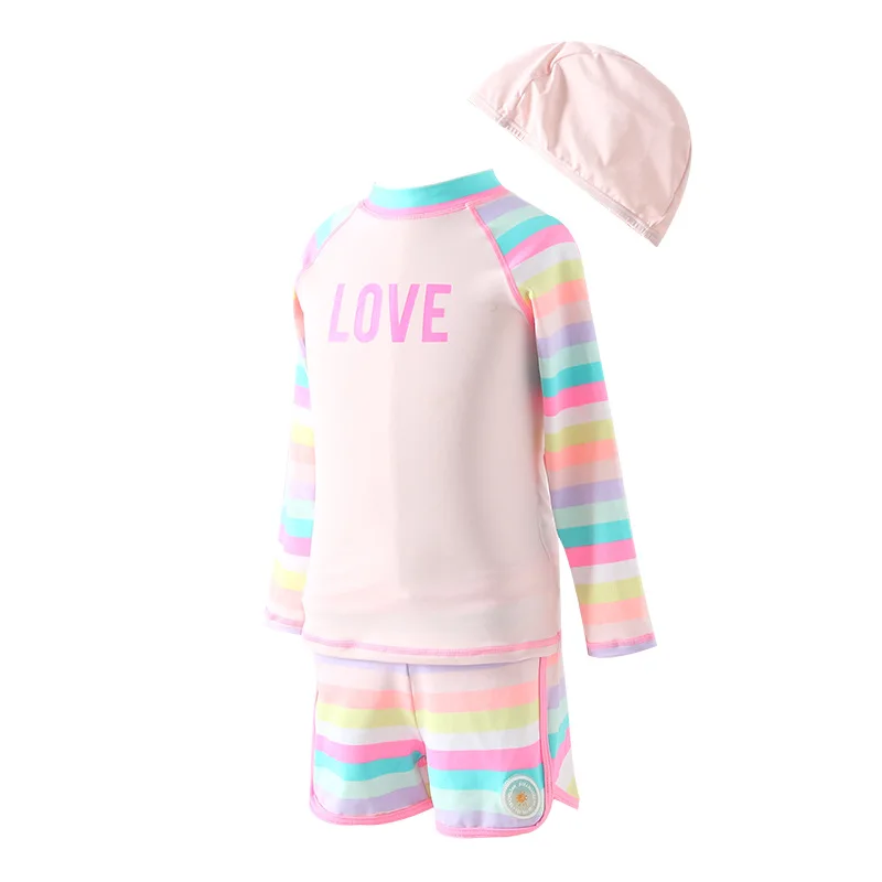 

2023 Outdoor Sport Beach Children Swimwear Long Sleeve Baby Girl Bathing Clothes Top Shorts Cap 3 PCS Kids Swimsuit
