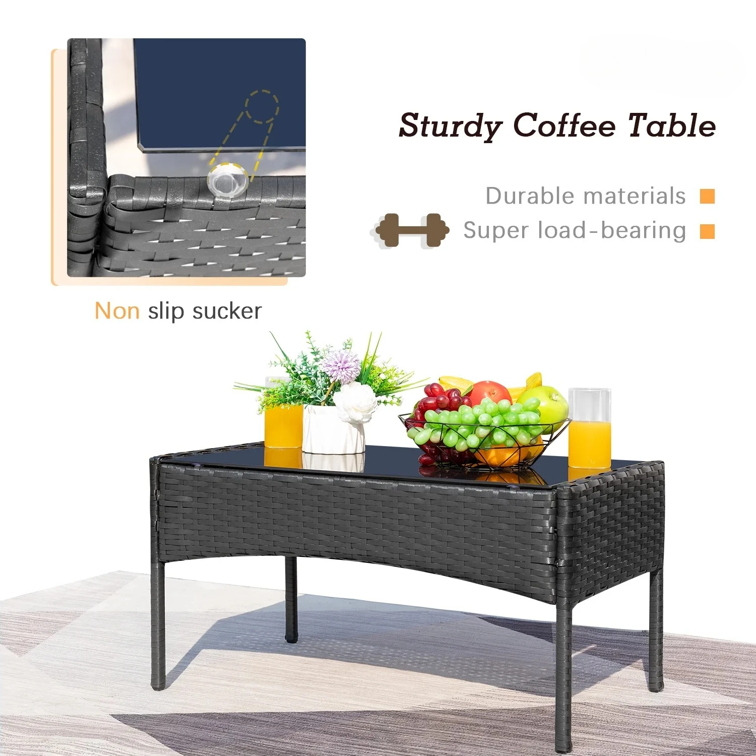 4 Pieces Patio Furniture Set Rattan Outside Furniture Wicker Sofa Garden Conversation Sets with Soft Cushion and Glass Table for 5
