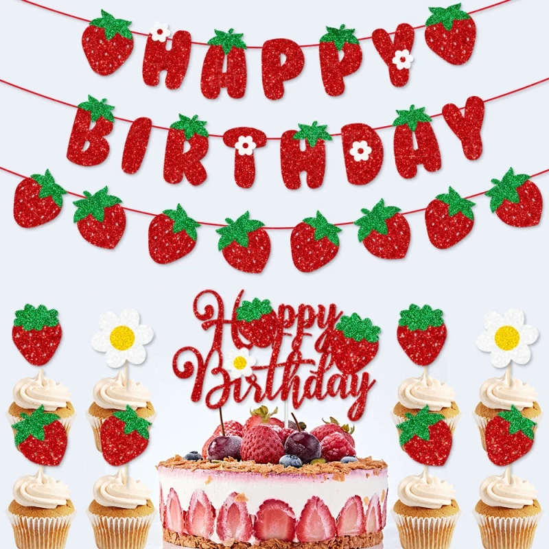 Strawberry Happy Birthday Cake Flags Striscione Alla Fragola Cupcake Topper Frutta Bambini Sweety Party Cake Baking Decor Fai Da Te