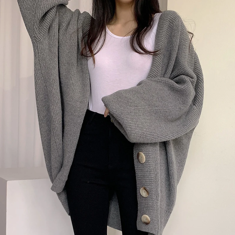 Autumn and Winter Casual V-neck Single-breasted Loose Lantern Sleeve Knitted Cardigan Sweater Women's Solid Color Sweater Jacket