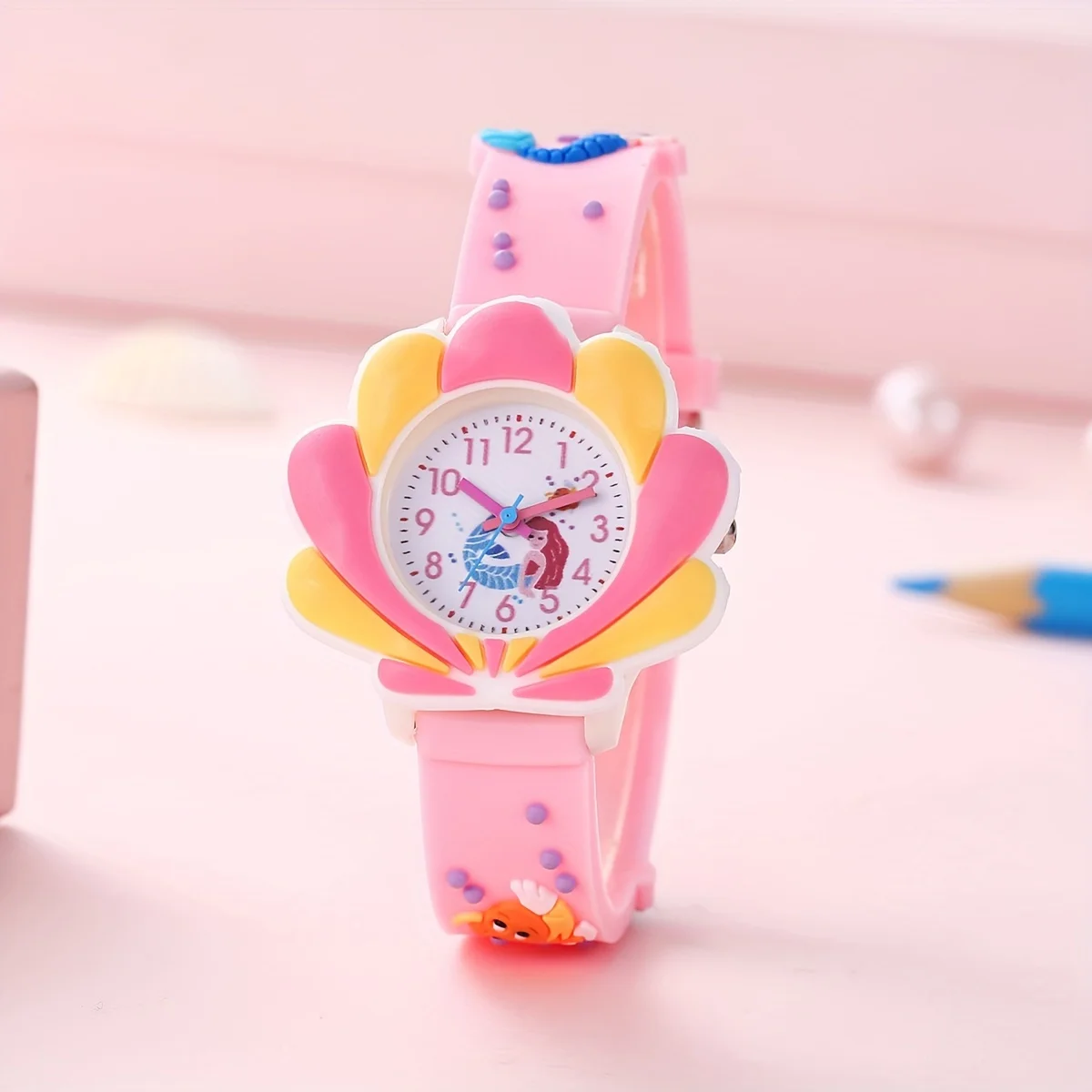 thumbnail image 1 of 1 reloj de cuarzo con decoración de sirena y concha en 3D para estudiantes y niños, ideal como regalo de Navidad para fiestas, 1 of 4