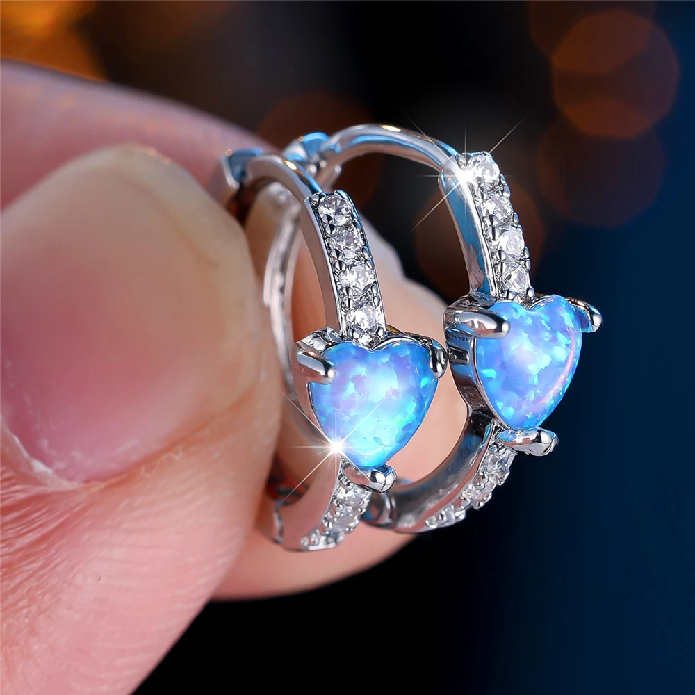 Trendy Crystal White Blue Opal Stone Love Heart Hoop Earrings For Women Vintage Gold Silver Color Wedding Jewelry
