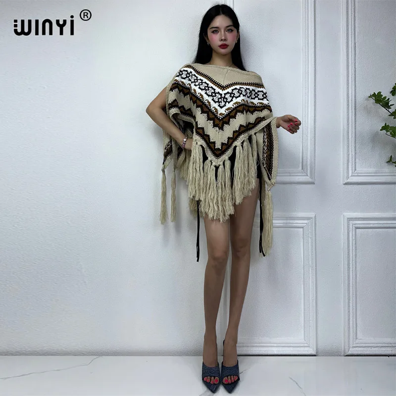 

Зимняя накидка WINYI, высокое качество, удобное толстое теплое пончо, женское рождественское модное накидка с принтом и кисточками, женские платья