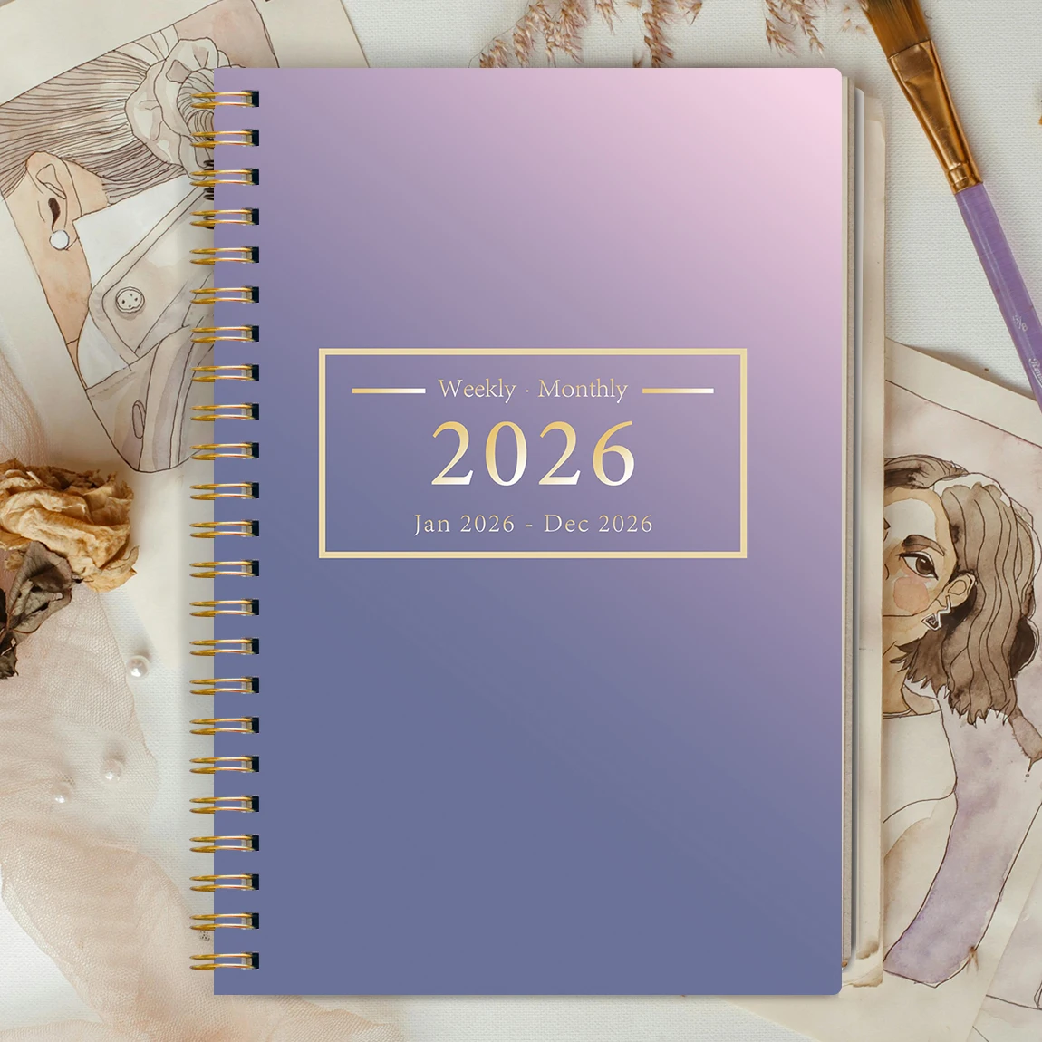 2026년 월간 플래너 A5 스프링 노트 할 일 목록 습관 기록장 보라색 그라데이션 미니멀 디자인 업무/학교 생산성 향상용