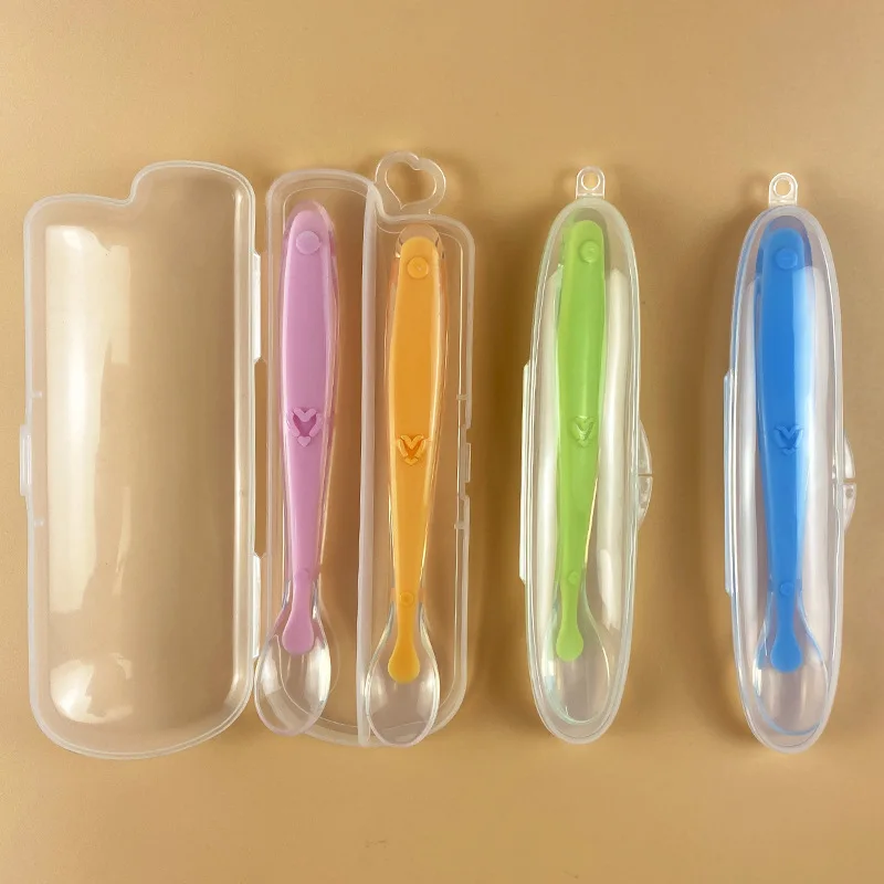 Baby Soft Silicone Spoon Storage Box Candy Color Temperature Sensing Spoon Children Food Feeding Dishes Feeder Appliance