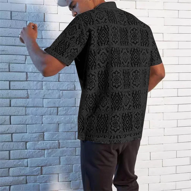 Men s Casual Short Sleeve Button Down Lace Shirts with Lapel Collar Hollow Out Design Solid Color Loose Fit Tops