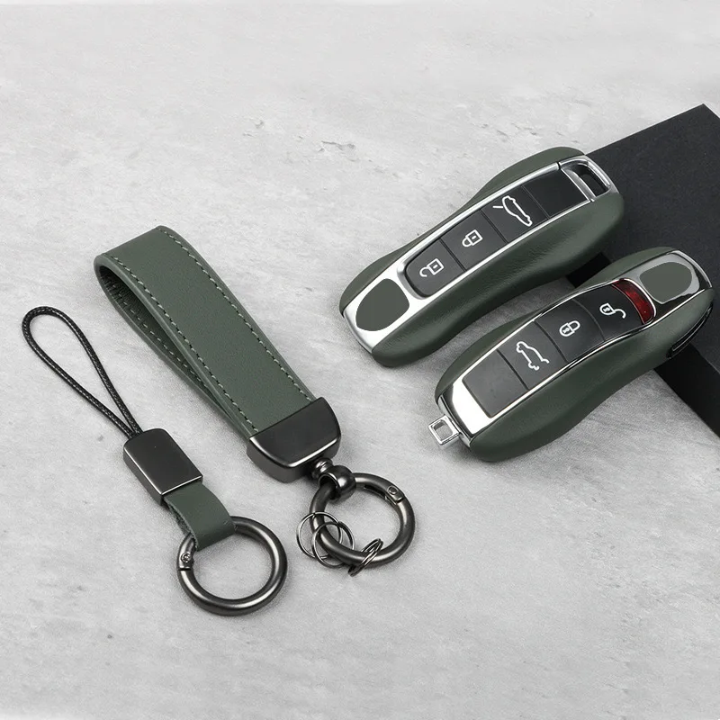 

Genuine Leather Green Key Cover for Porsche Panamera Macan Cayenne Caymen Boxster 911 Smart Car Case Fob Keychain Styling