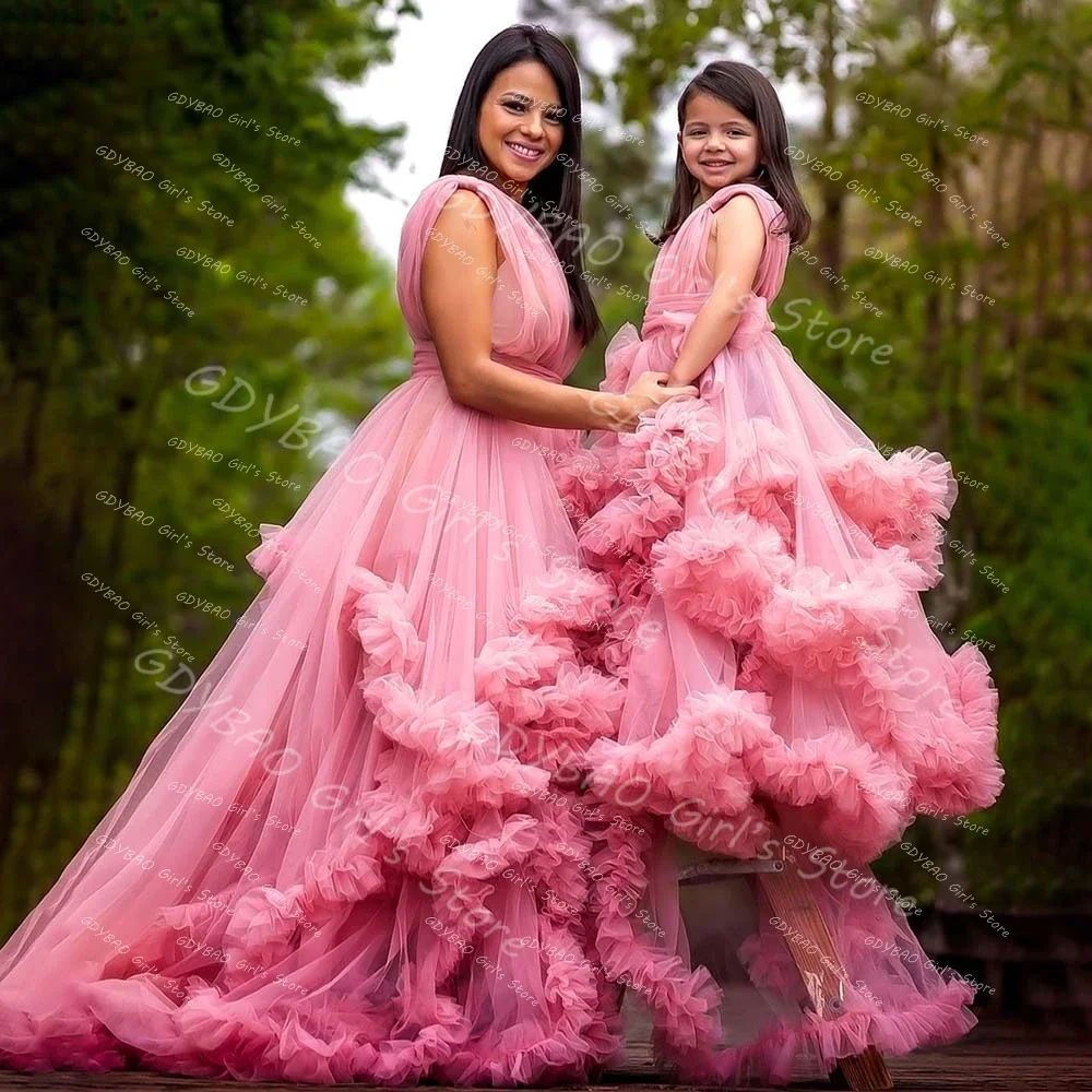 Princess Mother and Daughter Dress V Neck Ruffles Tulle Mommy Girls Party Birthday Dress Kids Long Flower Girl