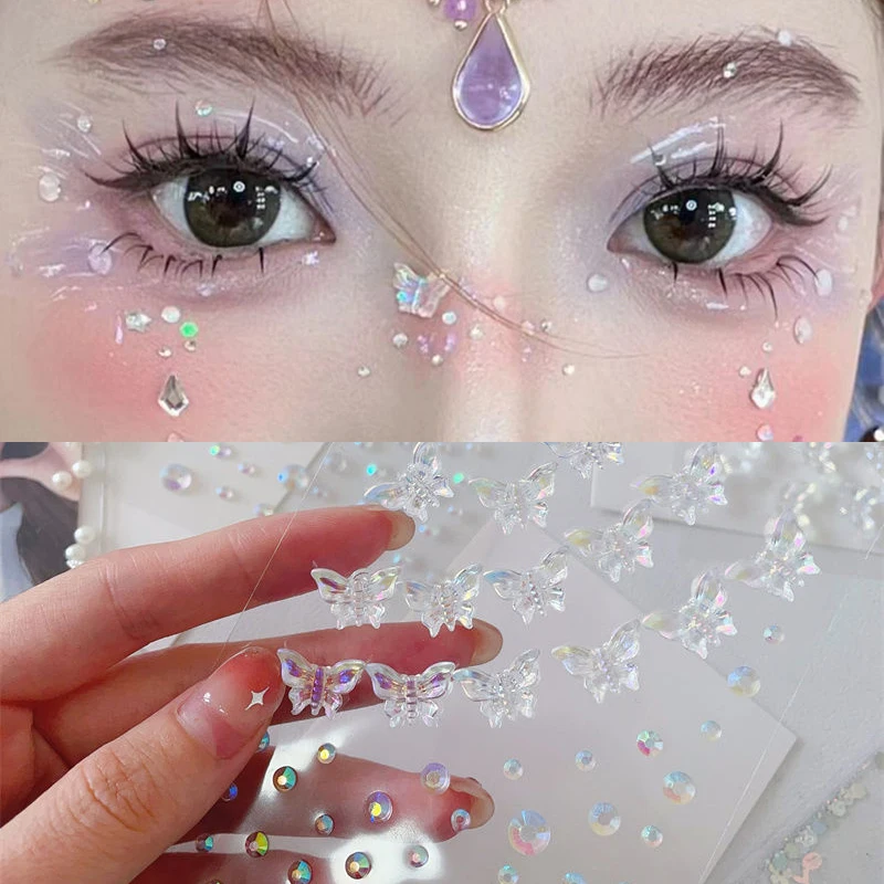3D Acrylic Diamond Stickers Butterfly Crystal Patch Face Paste Stage Makeup Rhinestones Jewelry Mermaid Pearl Tattoo 1-6pcs