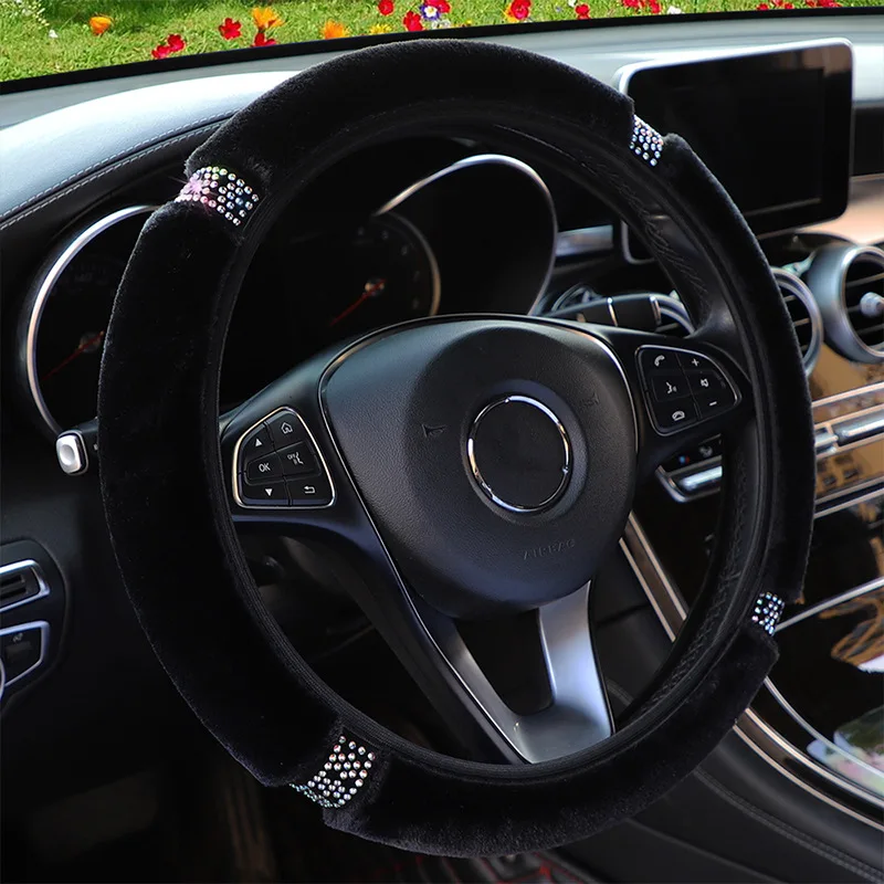 Car Steering Wheel Cover 37-38cm Diameter Soft Plush Rhinestone steering wheel cover