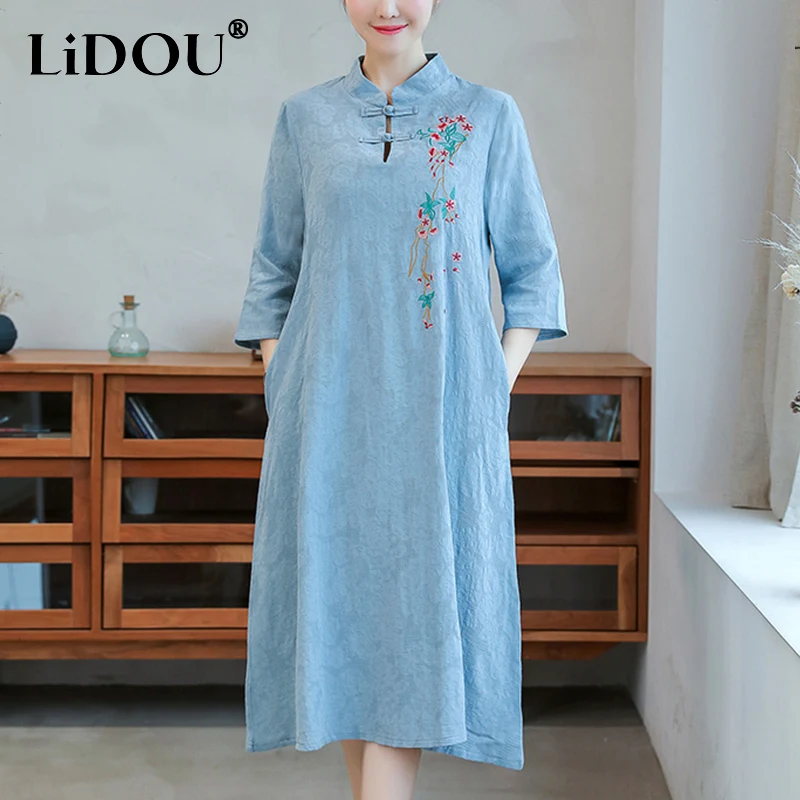 

Summer Fashion Chinese Style Stand Collar Embroidery Robe Ladies Vintage Half Sleeve Temperament Oversized Vestidos Dress Femme