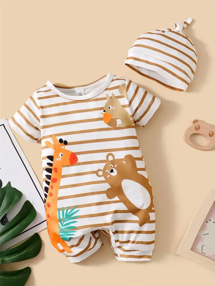 Baby Boy Cute Animals Romper Striped Short Sleeve Jumpsuit+Hat 2PCS Summer Korean Style Clothes Suit for Toddler Boy 3-24Months 1