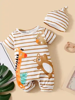 Baby Boy Cute Animals Romper Striped Short Sleeve Jumpsuit+Hat 2PCS Summer Korean Style Clothes Suit for Toddler Boy 3-24Months 1
