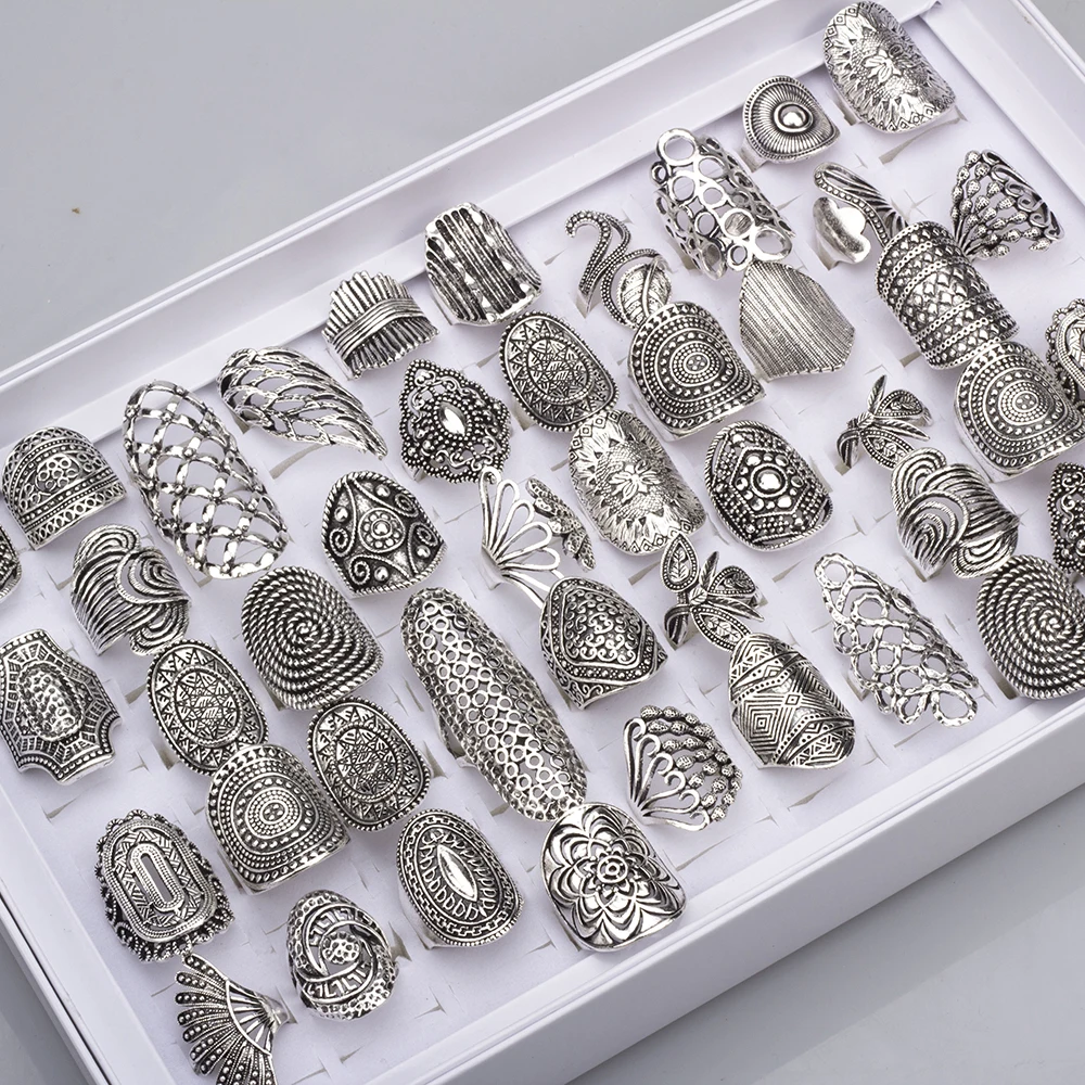 Vintage Punk Hollow Rings for Women Carved Silvery Flower Leaf Finger Ring Wedding Band Jewelry Gift 20Pcs/Lot