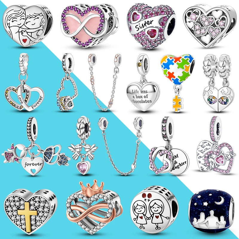 Family Love Charms 925 Sterling Silver Fit Original Pandora Bracelet DIY Pendant Necklace Making For Mom Daughter Sister Friend