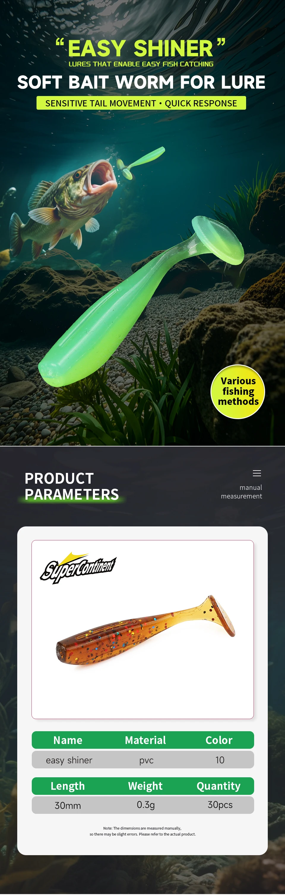 Supercontinent Angelköder Shad Soft Baits 30 mm/30 Stück Easy Shiner UV Isca Künstliche Silikon Pesca T Tail Wobbler – Detail 1