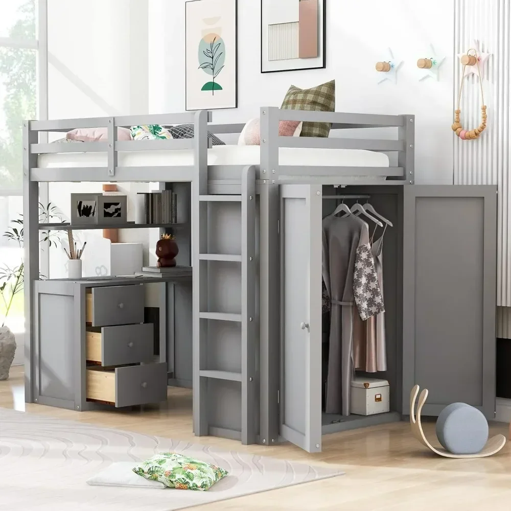 Twin Size Loft Bed Solid Wooden Loft Bed Frame with Drawers,Desk,and Wardrobe & Safety Guardrail for Kids, Boys and,GirlsTeens 2