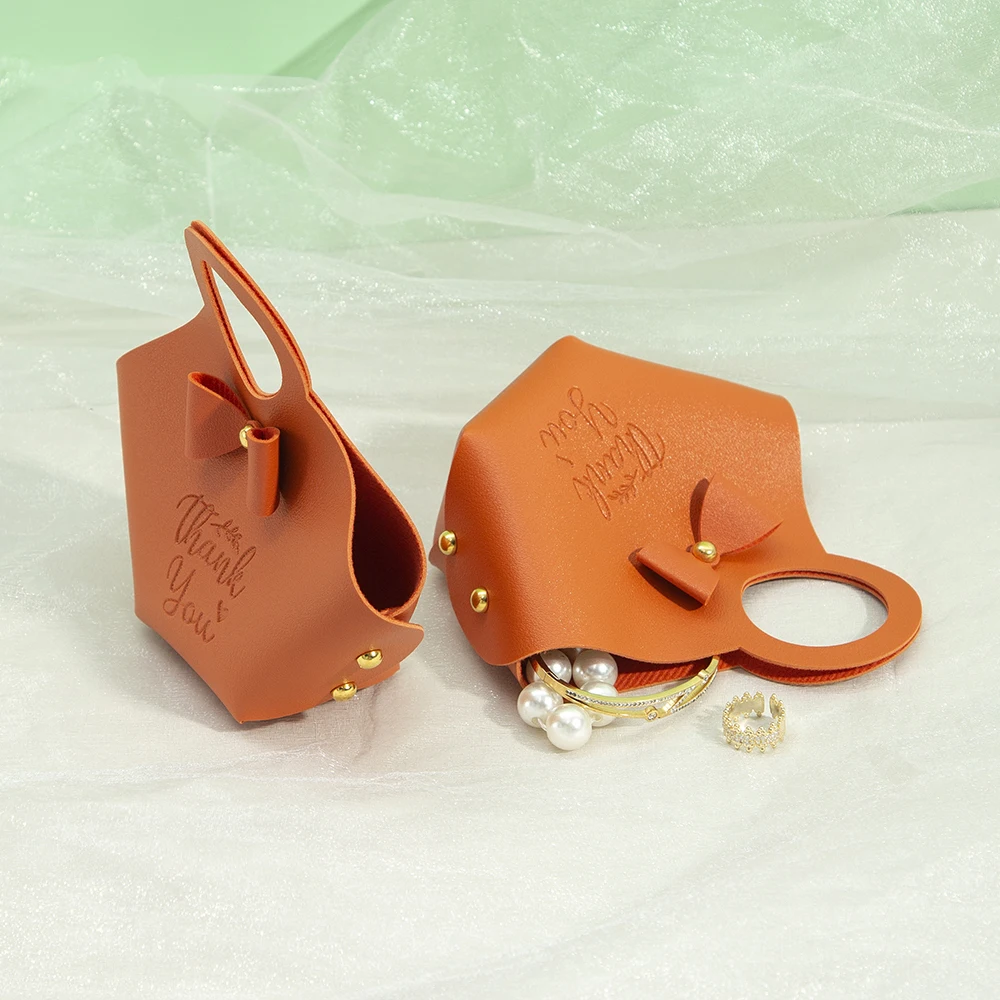 Orange PU Leather Jewelry Thank You Bag 16x9x7cm Wedding Halloween Candy Chocolate Gift Handbag Bowknot Oil Storage Basket Pouch
