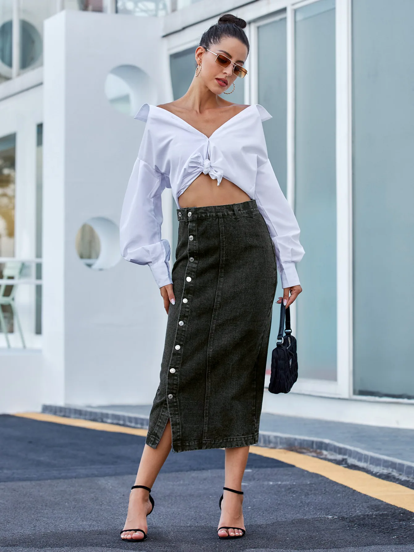 Long skirt cowboy high waisted half length  with irregular split buttons skirts for women  y2k clothes  jean summer
